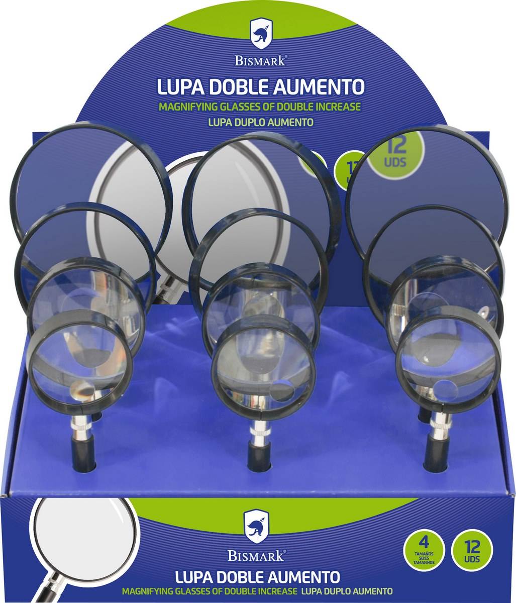 Expositor de 12 lupas de doble aumento surtidas en 4 tamaños