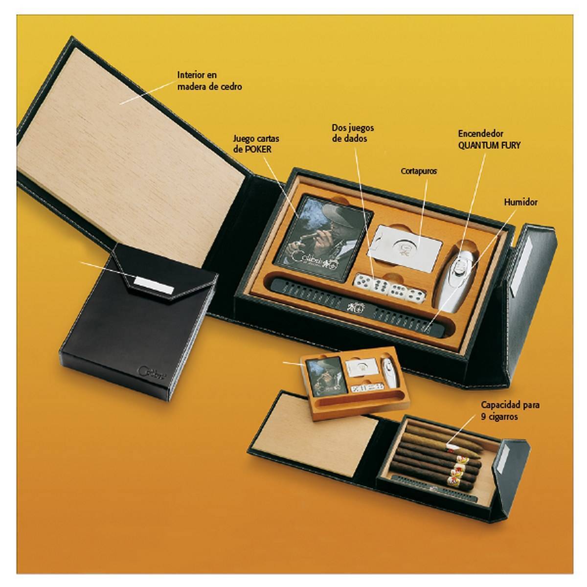 Humidor de viaje forrado en piel negra con encendedor, cortapuros y juegos COLIBRI FTR-750001-E