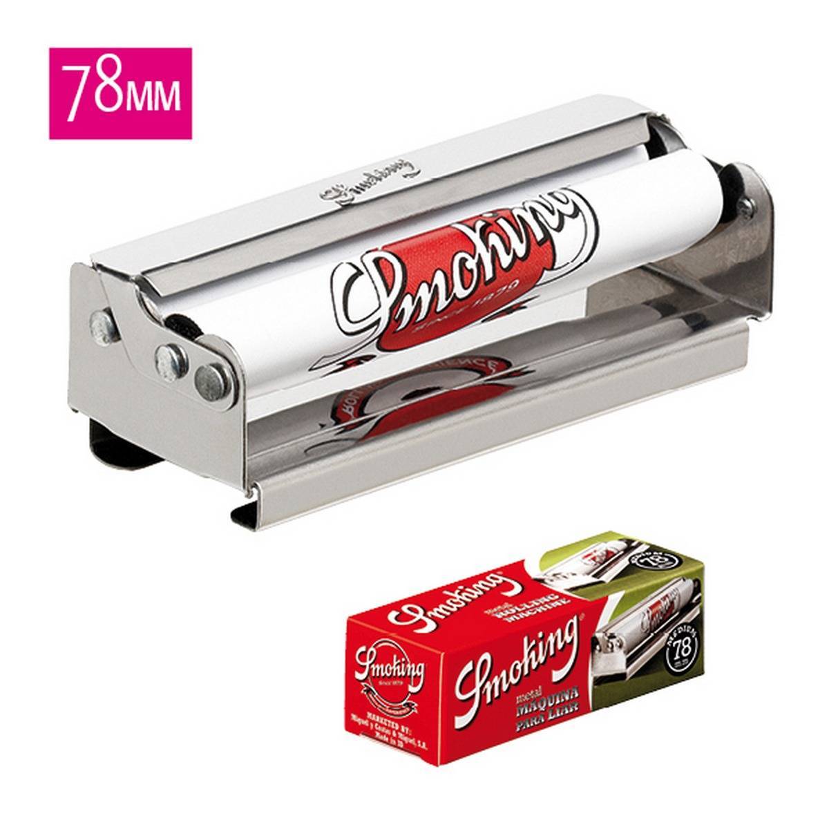 Máquina de liar metálica SMOKING, longitud 78 mm. Incluye en su base  un librillo de SMOKING de Luxe 1 1/4 - Caja de 10 máquinas