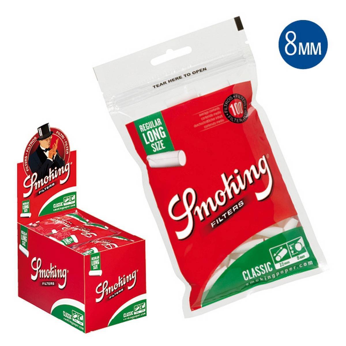 Caja de filtros Classic Regular  8 mm - long 22 mm  -green- SMOKING-25 bolsas- 100 filtros