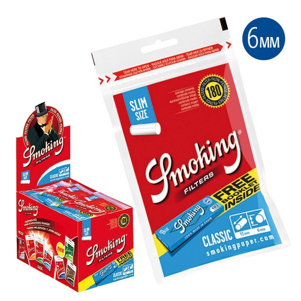 Caja de filtros Slim Classic 6 mm + librillo SMOKING - Bolsa de 180 unidades / Caja de 30 bolsas + 30 librillos