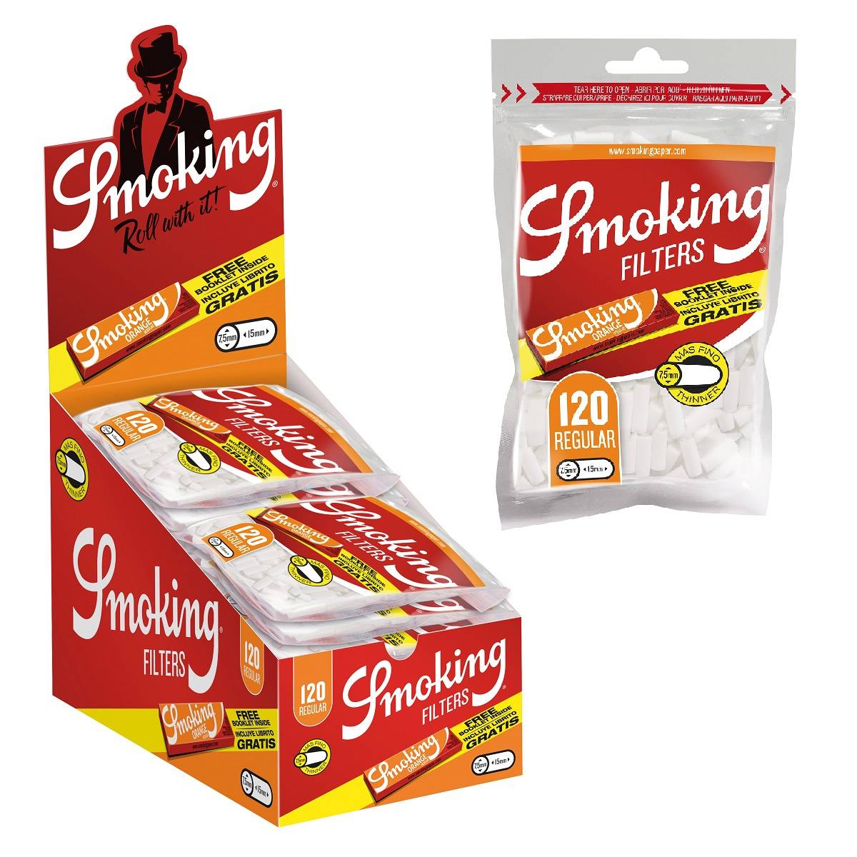Caja de filtros Classic Regular Thinner 7,5 mm + librillo SMOKING - Bolsa de 120 unidades / Caja de 25 bolsas + 25 librillos