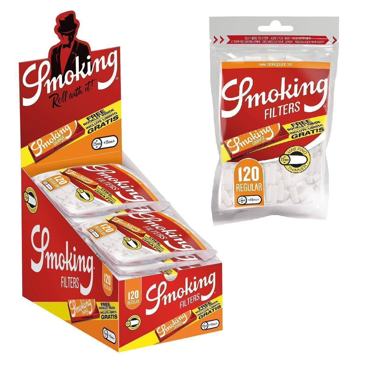 Caja de filtros Classic Regular Thinner 7,5 mm + librillo SMOKING - Bolsa de 120 unidades / Caja de 25 bolsas + 25 librillos