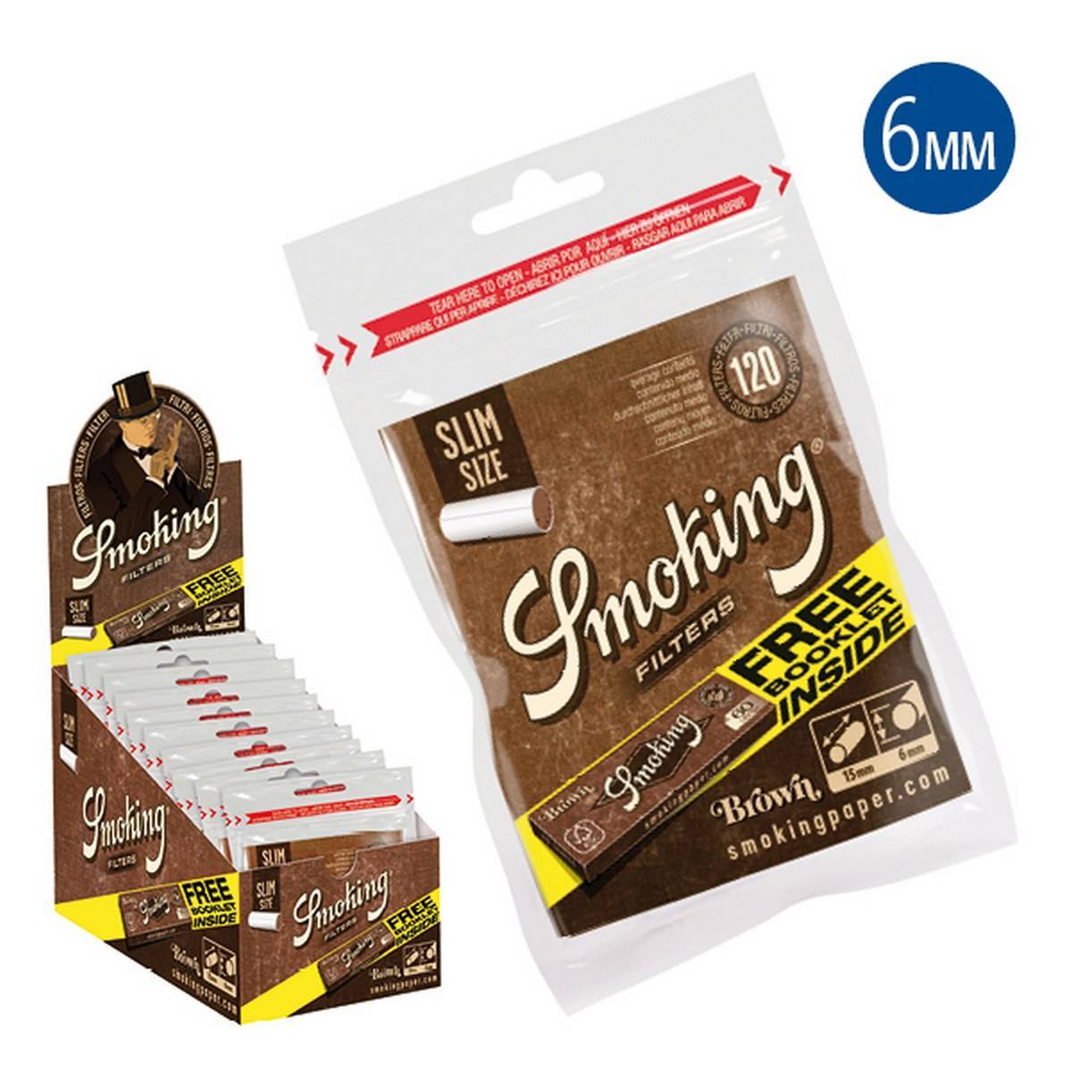 Caja de filtros Slim Brown 6 mm + librillo - Bolsa de 120 filtros /Caja de 10 bolsas +10 librillos de 60  hojas