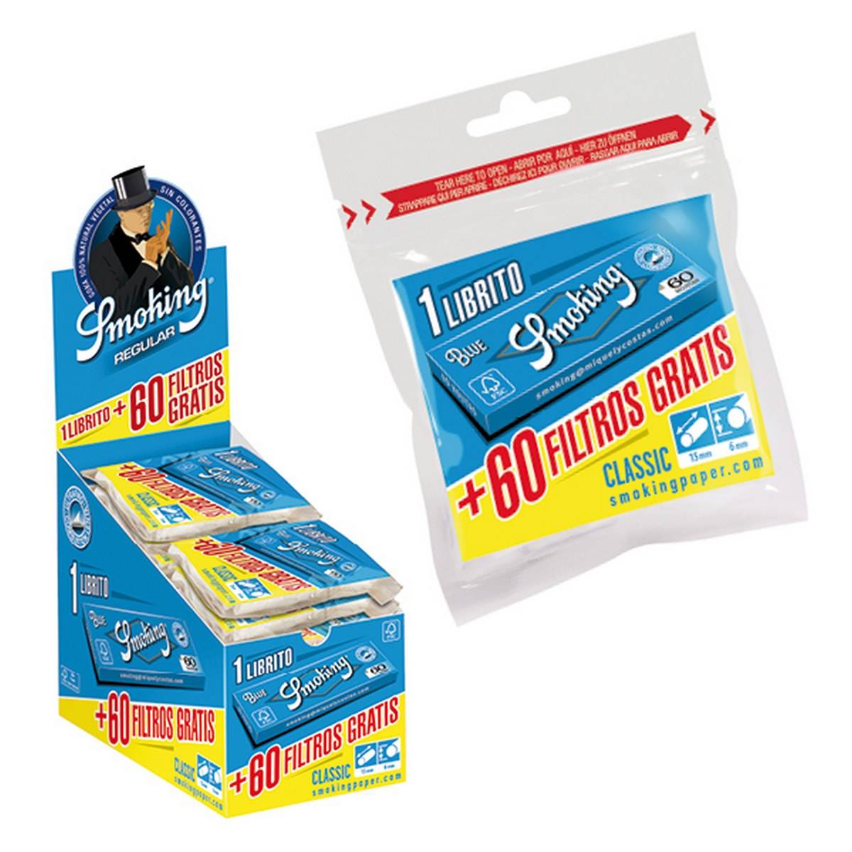 Papel de fumar SMOKING Blue  Nº 8 librillos +filtros de 6 mm - Bolsa de 1 librillo+ 60 filtros gratis/Caja de 40 bolsas