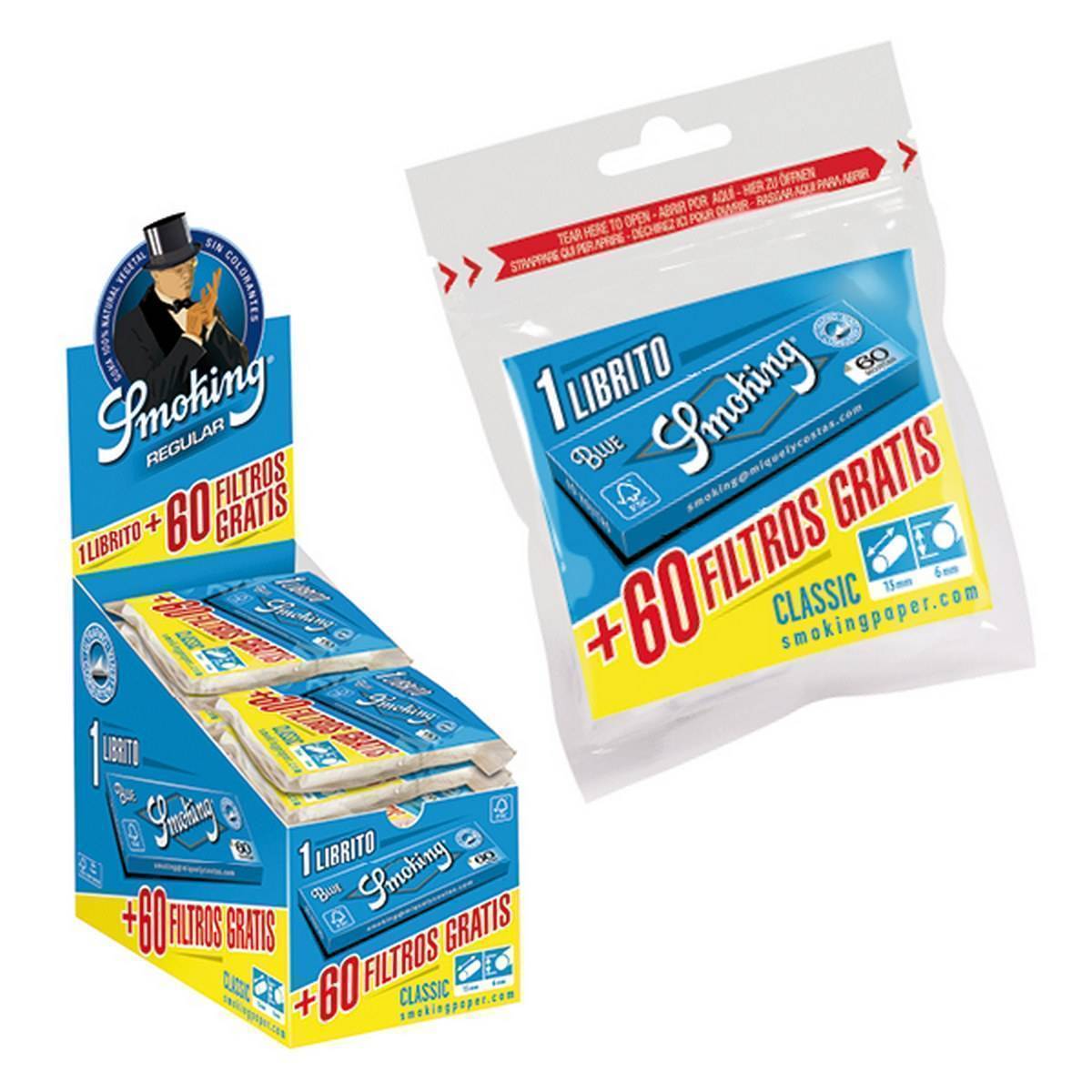 Papel de fumar SMOKING Blue  Nº 8 librillos +filtros de 6 mm - Bolsa de 1 librillo+ 60 filtros gratis/Caja de 40 bolsas