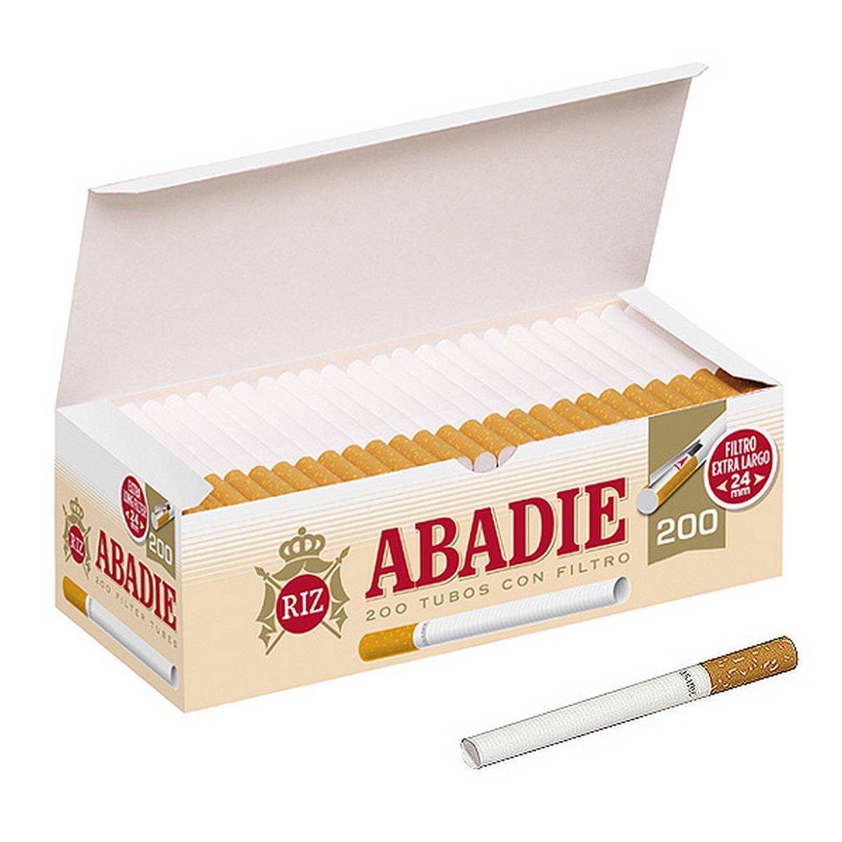 Cajas de tubos de 200 filtro extra largo ABADIE -  tubo de 84 mm, filtro de 8 mm y 24 mm de largo - Cajón de 50 cajas/cajas de 200 tubos