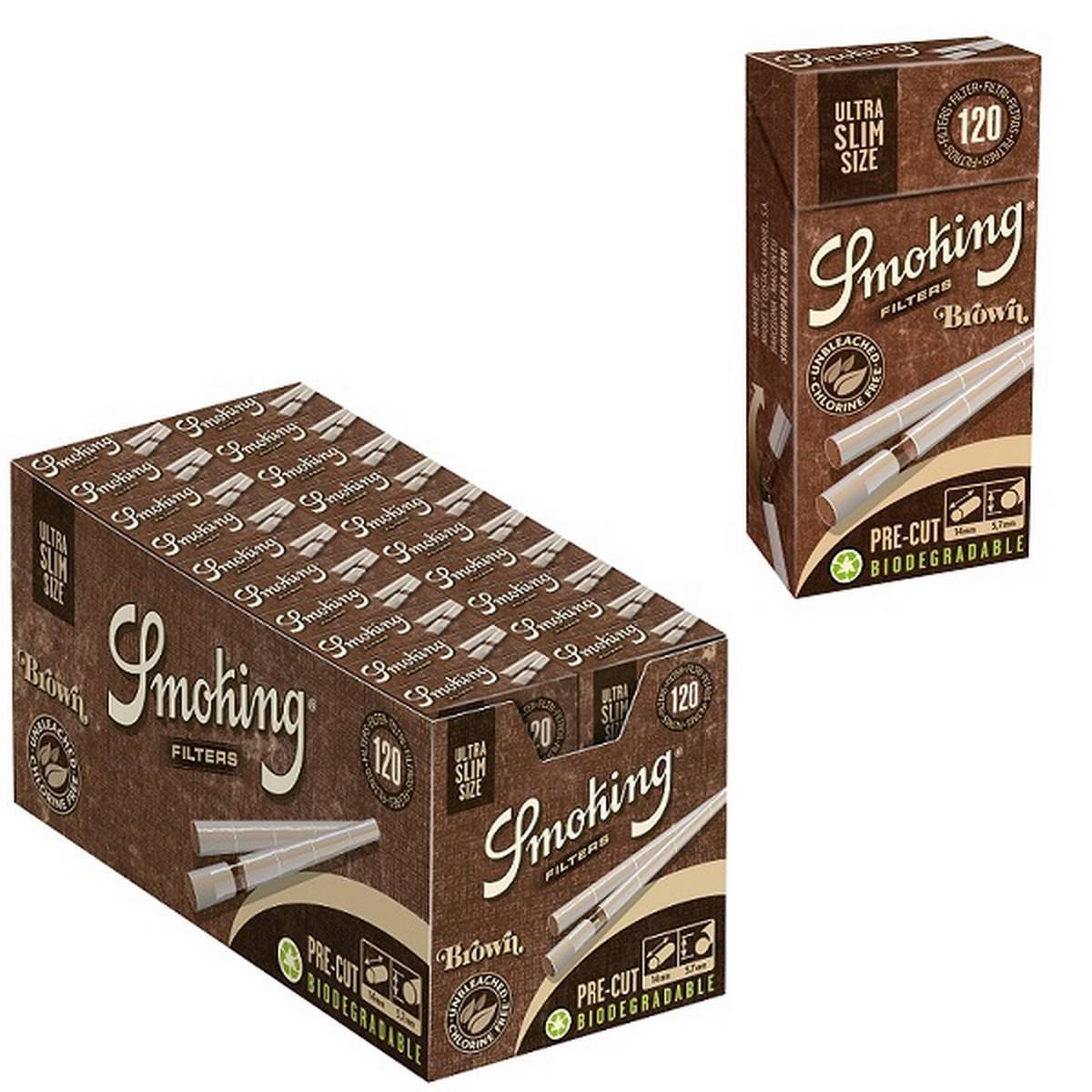 Caja de filtros Ultra Slim Brown Pop a Tips 5 7 mm SMOKING - Cajita de 120 unidades / Caja de 20 cajitas - 100% BIODEGRADABLE