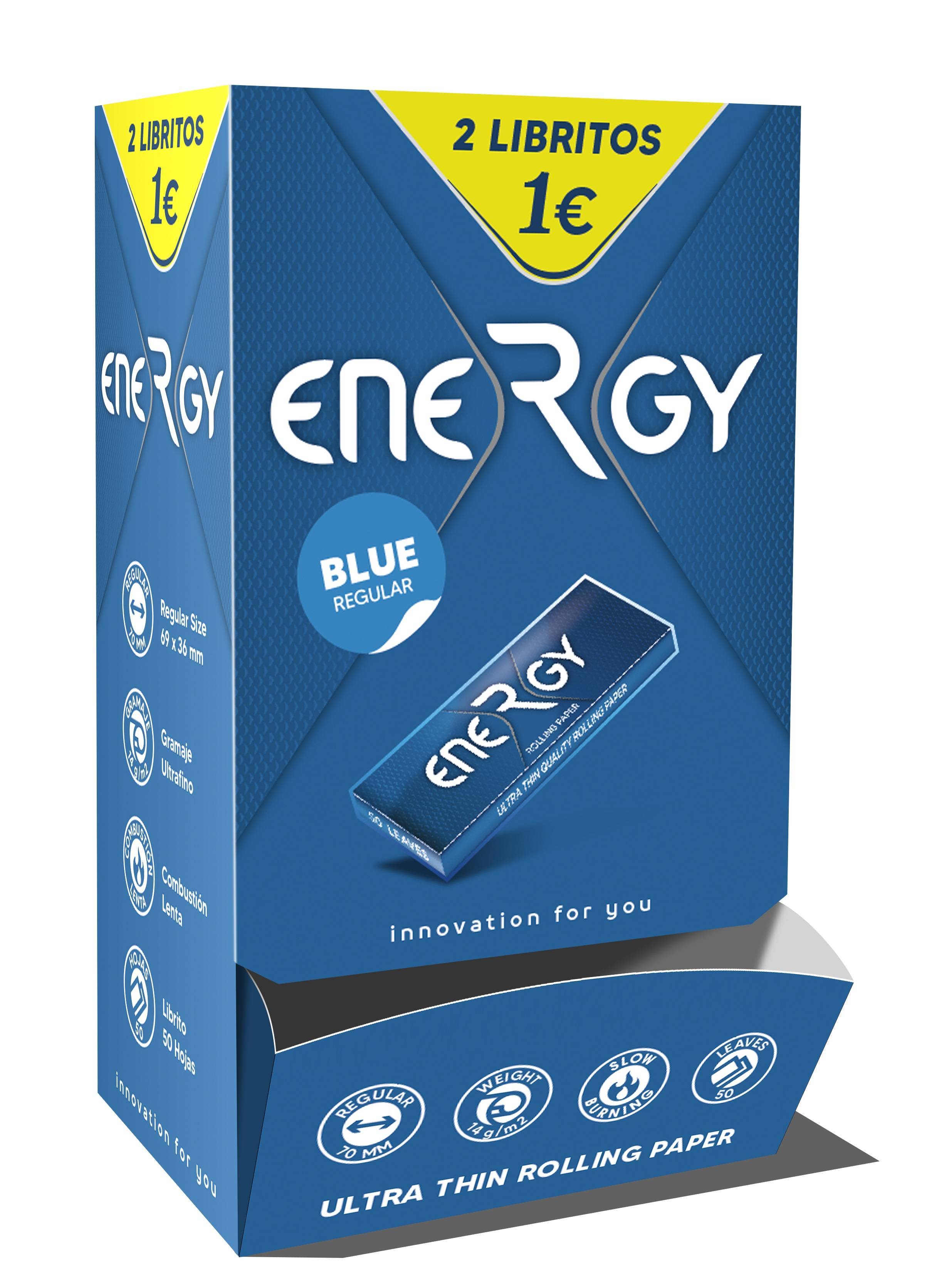 EXPOSITOR DE 1OO LIBRILLOS DE PAPEL ENERGY 70MM BLUE 2X1