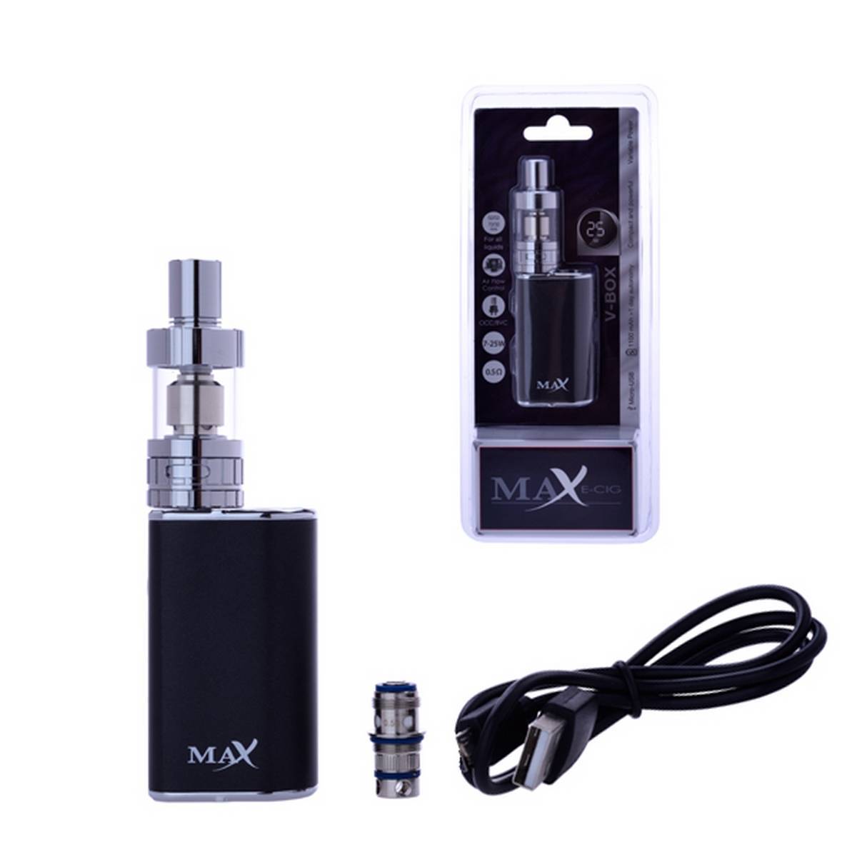 Cigarrillo Electronico V-BOX Black intensidad 7 a 25 vatios y con cable de carga mirco USB