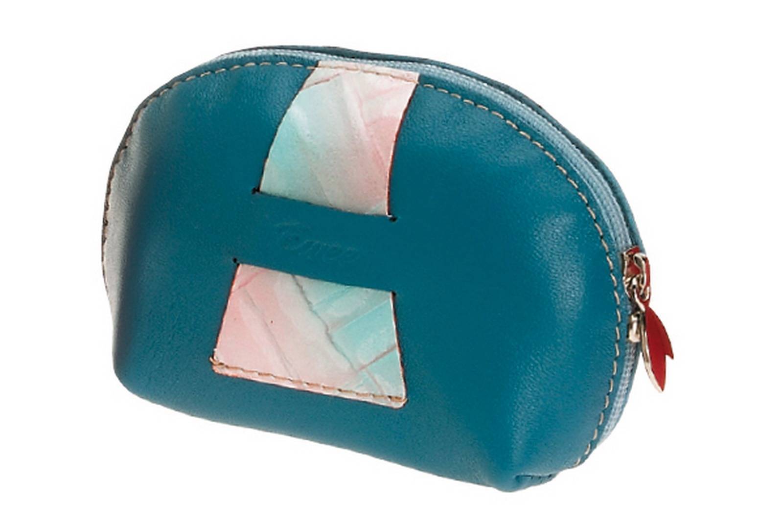 Monedero de piel con cremallera en color azul Cuadros - 11 cm - EWEE 1817/2