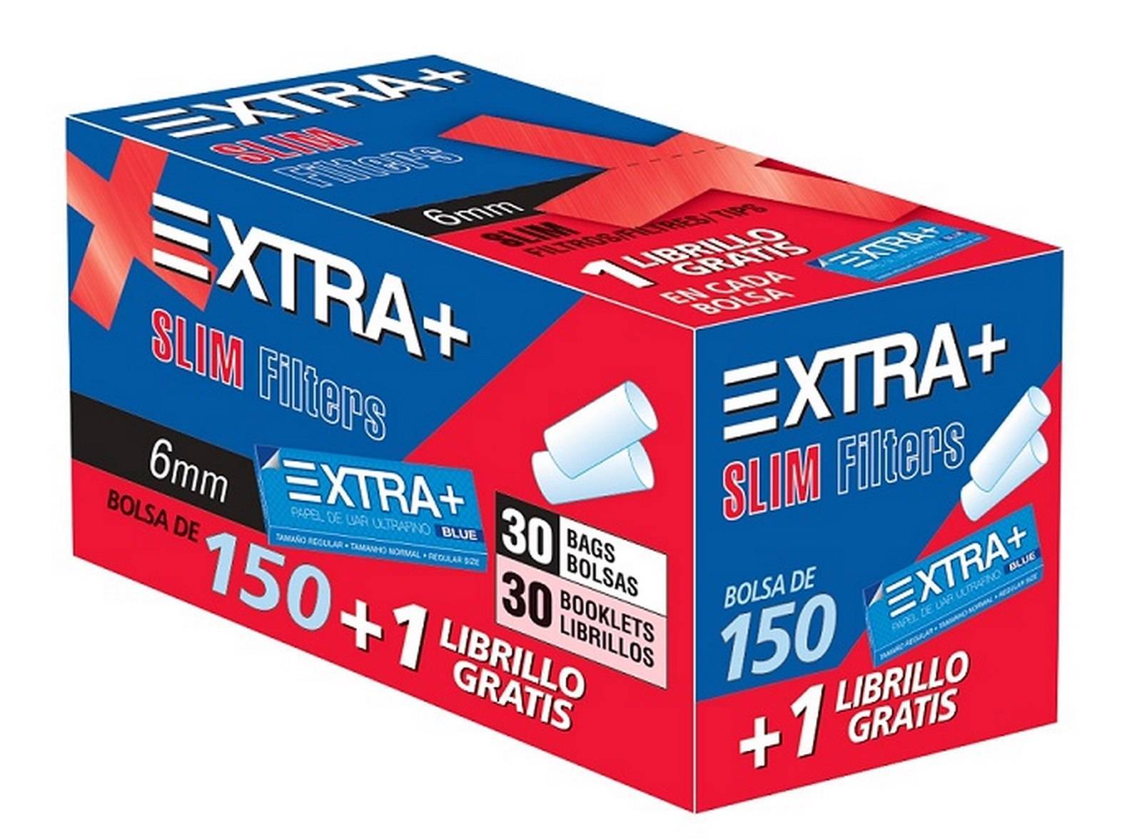Caja de filtros Slim 6 mm +librillo  XTRA. - 30 bolsas de 150 unidades + 30 librillos XTRA