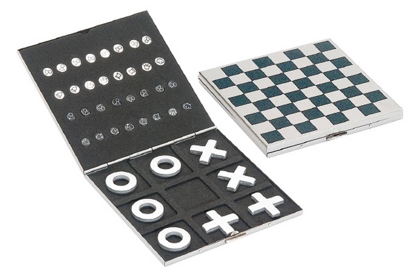 Juego viaje Ajedrez+TicTac Toe en caja metalica - 10,5 x 10,5 cm