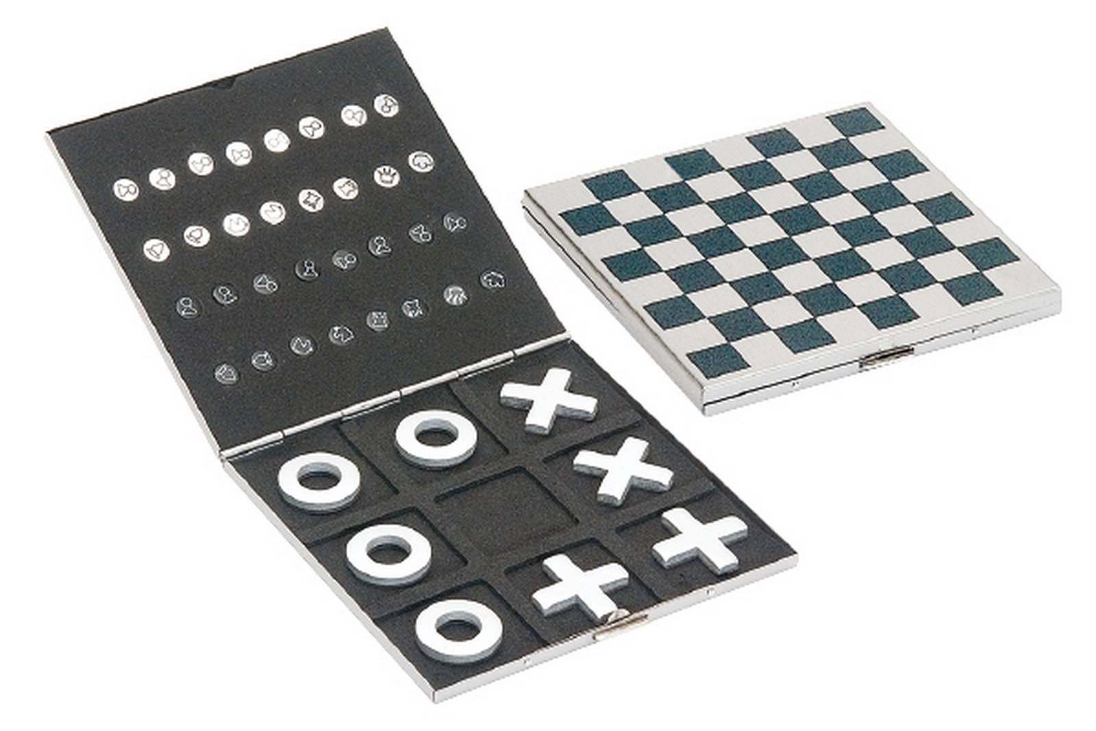 Juego viaje Ajedrez+TicTac Toe en caja metalica - 10,5 x 10,5 cm