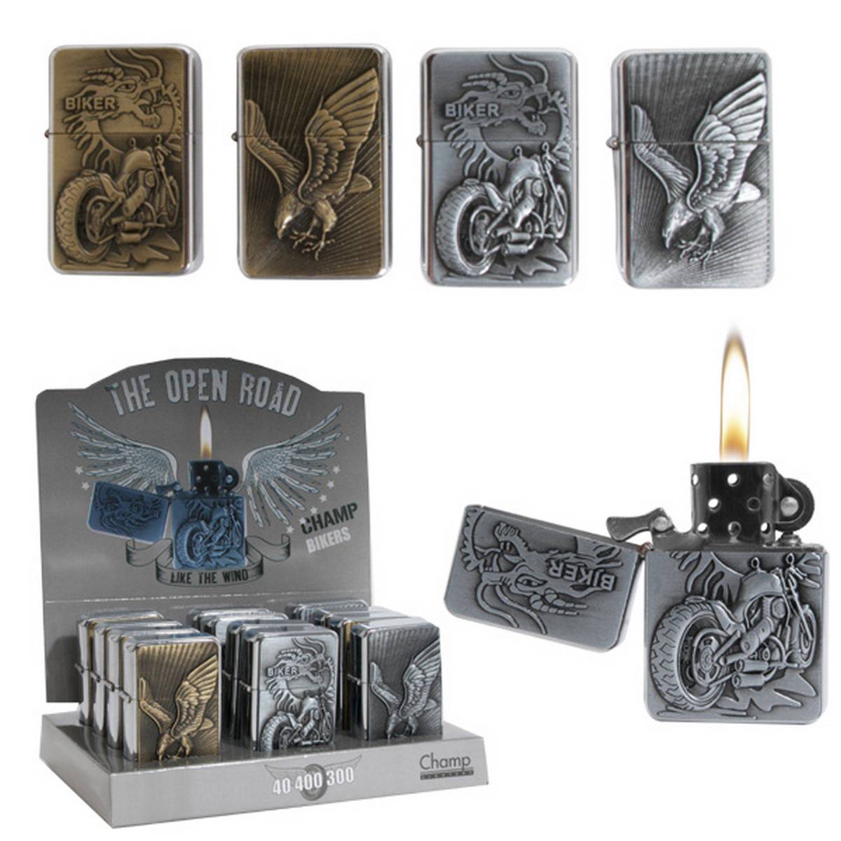 Expositor de 12 Encendedores de gasolina eagle&bike CHAMP