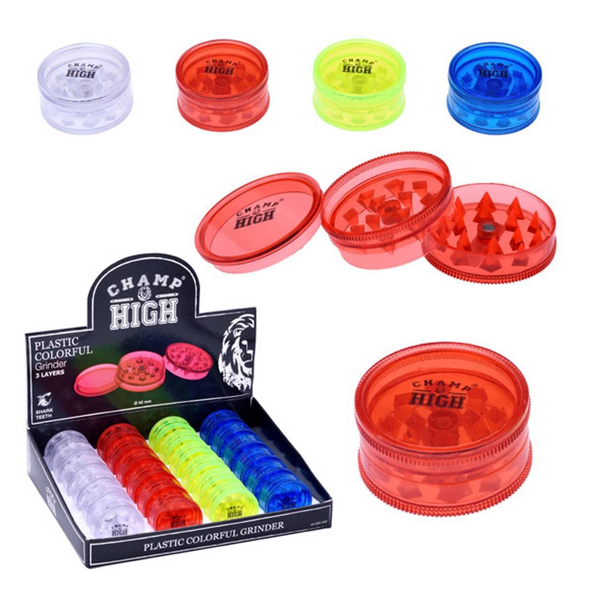 Lote de 24 Grinders de plastico de tres pisos y 42 MM CHAMP